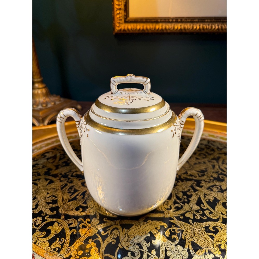 Rare CFH Limoges Sugar Bowl w/ Lid 1876–1882 Double Handle Gold Gilt Porcelain